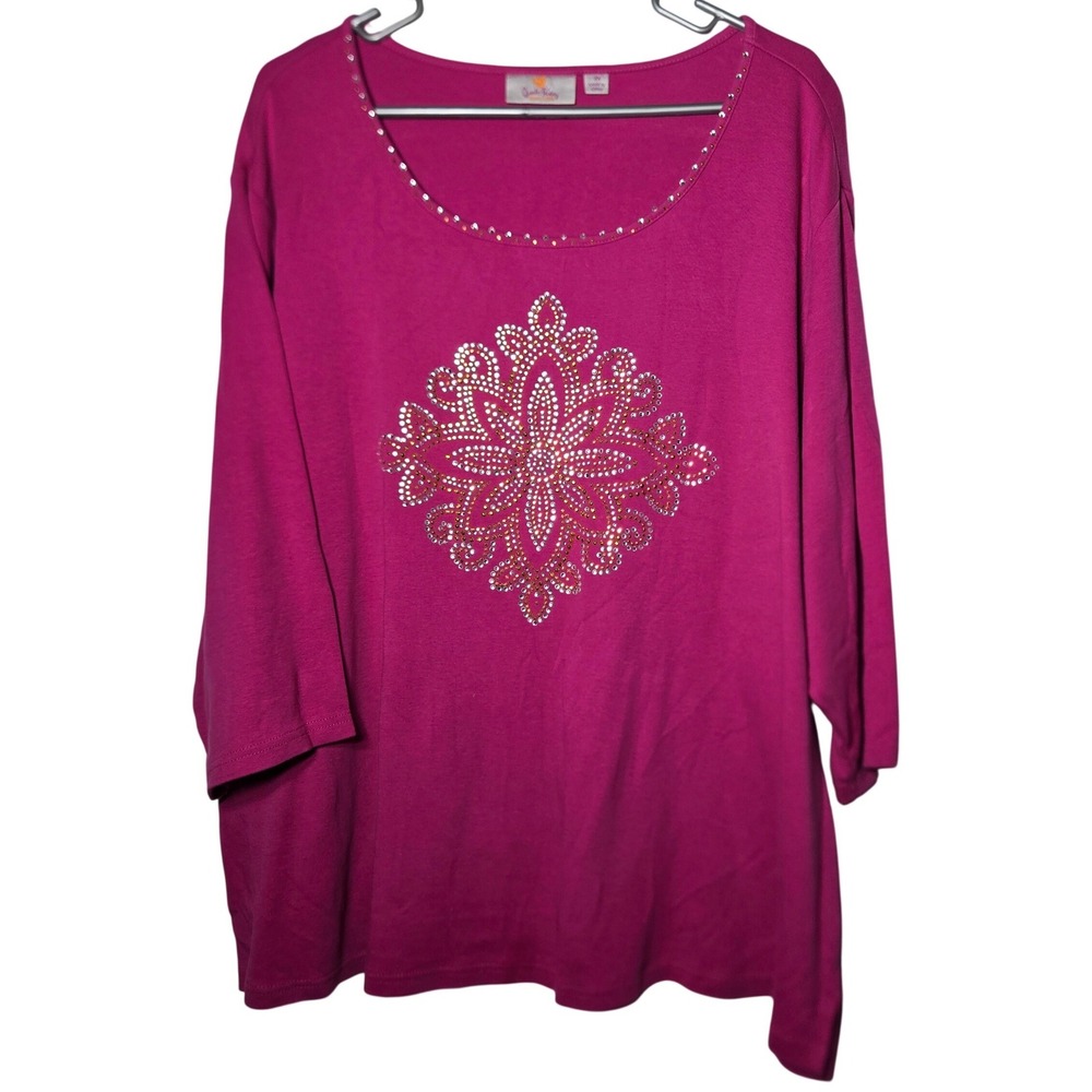 Quacker Factory Rhinestone Medallion Top Plus 3X Glam Casual Boho Bling QVC